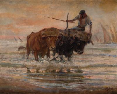 Oxen fishing on the beach of Malvarrosa by Rafael Forns Y Romans - Auction record, sale price, and art valuation. Compare with similar artists and explore comparable artworks.