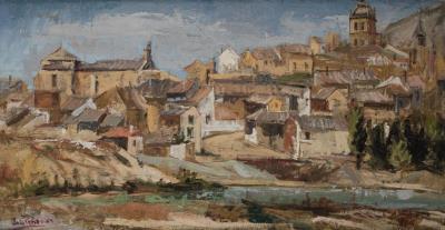 Village Landscape with River by Antonio de la Pena - Auction record, sale price, and art valuation. Compare with similar artists and explore comparable artworks.