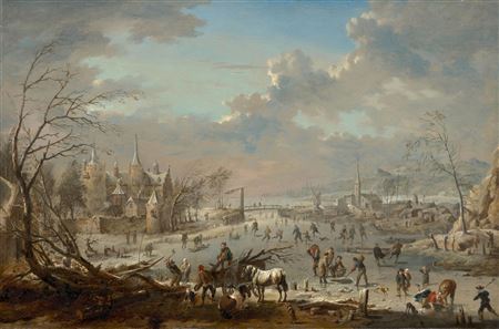 Winter landscape with skaters