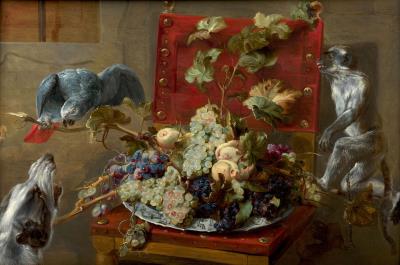 Fruit dish on a chair surrounded by a parrot, a monkey and a dog