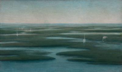 Symbolist landscape with pink flamingos