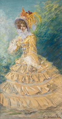 Elegant woman in yellow dress and hat