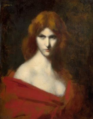 Portrait of a red-haired woman in a red dress