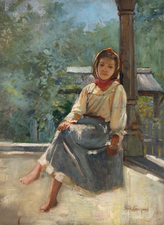 Peasant Girl on the Porch by Richard Canisius - Auction record, sale price, and art valuation. Compare with similar artists and explore comparable artworks.