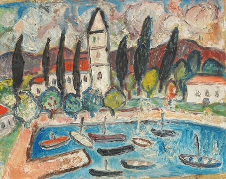 Harbor with Church and Cypress Trees (Slano)