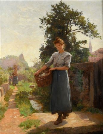 Young washerwoman in a country landscape