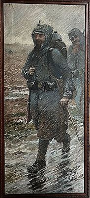 Poilus on the march, smiling, in the drizzle