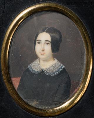 Young brunette woman with headband and bun at the back of her head, seated three-quarter left on a red sofa, in black dress and white lace collar by Hans Johan Frederick Berg - Auction record, sale price, and art valuation. Compare with similar artists and explore comparable artworks.