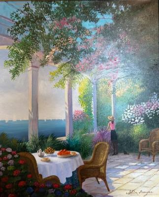 Woman with hat on a terrace with apple trees in blossom by Alain Bonnec - Auction record, sale price, and art valuation. Compare with similar artists and explore comparable artworks.