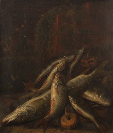 Still life, The Days Creel, coarse fish on the bank, Pike