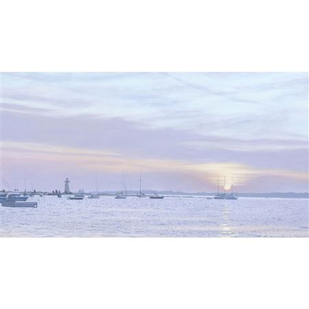 Harbor scene at sunset