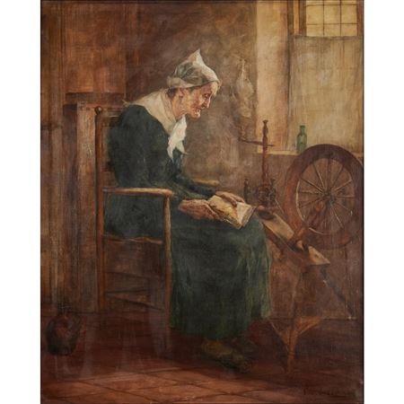 Woman Reading by Spinning Wheel