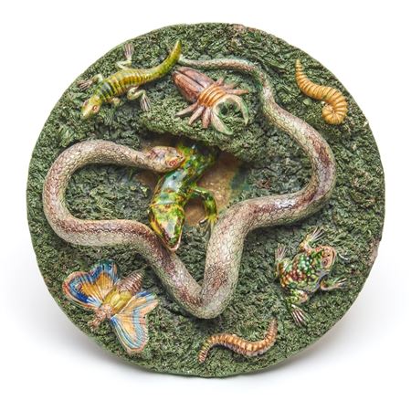 Plate with snake and lizard in den with frogs, lizard, and insects