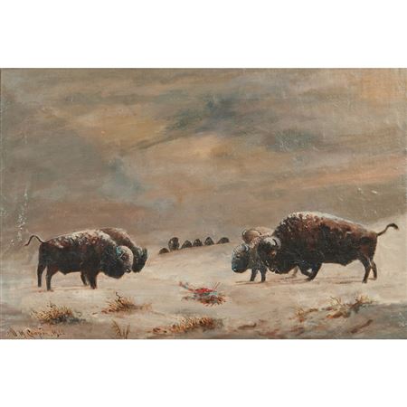 Buffalo Stand Off with Fallen Native American, 1922