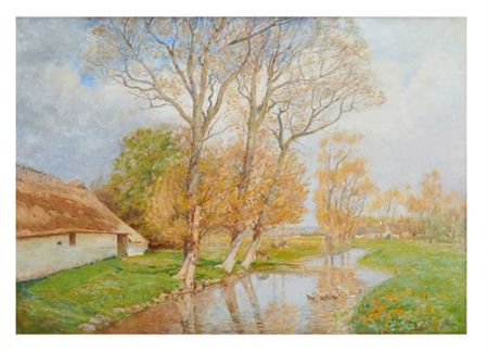 Landscape View with Barn, Stream and Horses