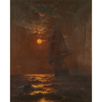 Moonlight Seascape with Sailboat