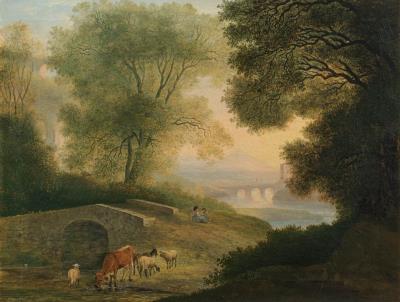 Lot of Two Landscapes - Landscape with Bridges; Landscape with Shepherdess, Sheep, and Cow (2)