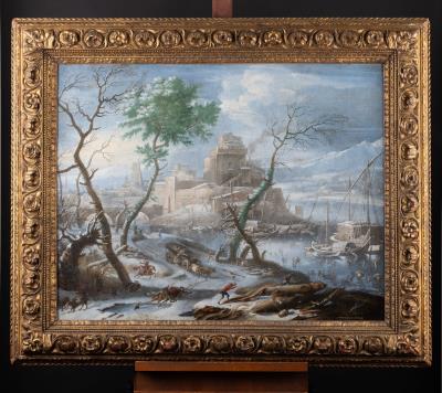 Snowy landscape with fortress and lumberjacks, riders and skaters in the foreground