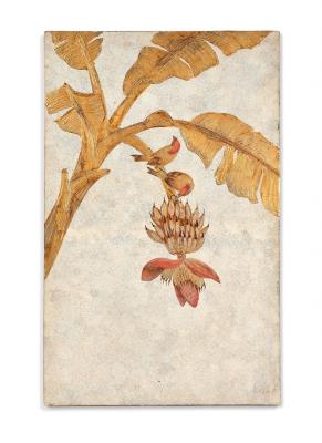 Gold lacquer panel on eggshell ground, birds on banana branches