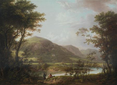 A View of the Alva Estate, Tillicoultry, with two anglers on the Devon