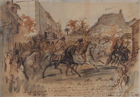 Otho, King of Greece, with his queen and suite at Athens, passing base of the Acropolis by Constantin Ernest Adolphe Hyacinthe Guys - Auction record, sale price, and art valuation. Compare with similar artists and explore comparable artworks.