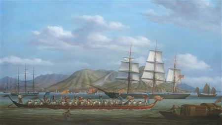 'A view of the Hong Kong roads shewing Dragon Boats racing and the Tea Clipper Black Prince