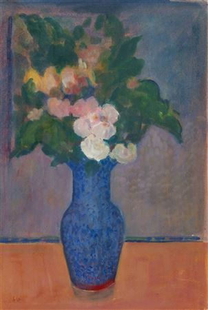 Still life of flowers in a blue vase