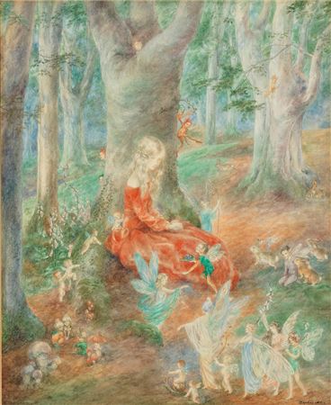 Fairies and pixies dancing in a woodland glade