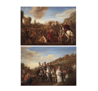 Joshua carrying the Ark of the Covenant around Jericho; and The Sacrifice of Elijah and the priests of Baal