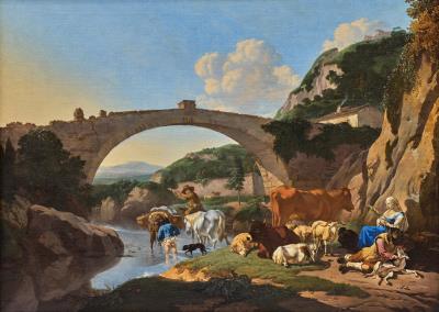 An Italianate river landscape with herders and animals by a bridge