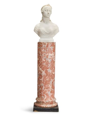 A carved white marble bust of Lucy Charlotte Jervis (née Baskervyle-Glegg), 3rd Viscountess Saint
