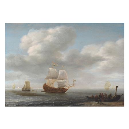 A Man o' War in a calm sea, near a shore