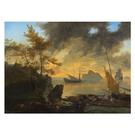 Shipping at anchor in a bay at sunset, a ferry in the foreground