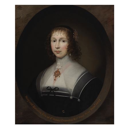 Portrait of Margaret Nevinson, half-length in black costume, within a painted oval