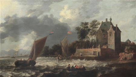 A river landscape with sailing boats before a fortified house
