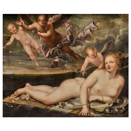 Venus with putti and surrounded by flowers and jewels