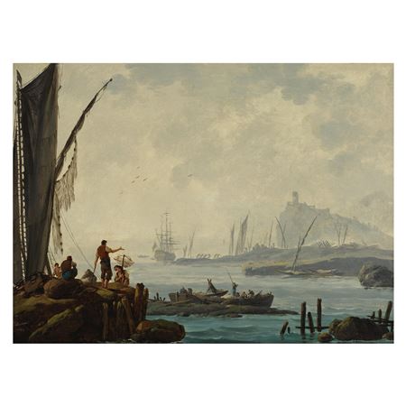 A coastal scene with fishermen on the shore and a three-master moored near a tower
