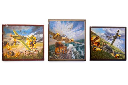 A group of 3 original, WWII aviation battle scene paintings