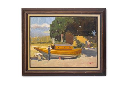 A Spanish rural scene of a boat painted
