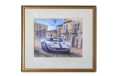 An acrylic, Ford GT40 at the Targa Florio, painting by Peter Hearsey