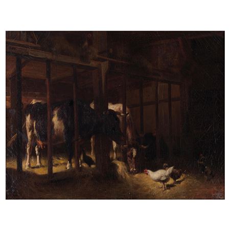 Barn scene with cows and chickens