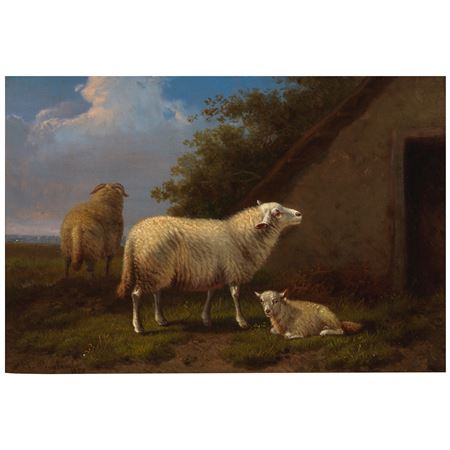 Sheep and ducks in a landscape; and Sheep resting at a barn (two works)