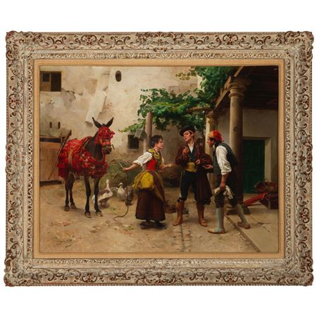 Woman with a decorated horse and gentlemen in a courtyard