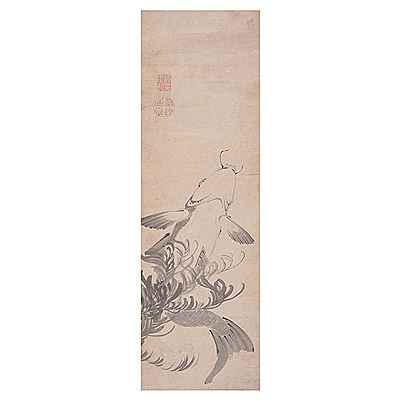 A Japanese Hanging Scroll Painting of a Swimming Carp