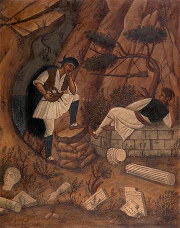 Guerriers des montagnes pendant la révolution Grecque de 1821, chahutés par la muse populaire