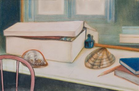 White box, bottle, shells and books
