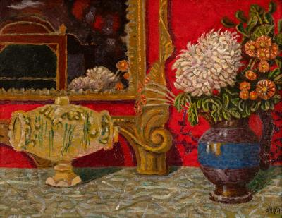 Still life: Ceramics, barrel with vase and mirror