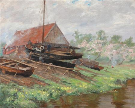 A ship building yard by a river.