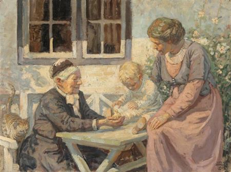 A grandmother, mother and child playing in a sunny garden, while the cat is watching.