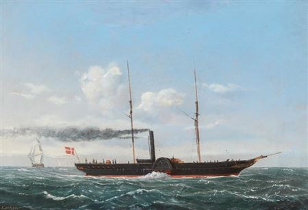 Seascae with sailing shis and a Danish paddle steamer en route in the open sea.